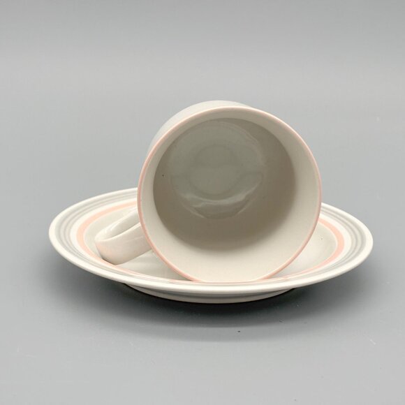 Vintage Japanese Stoneware Pink Rim Coffee Cups And Saucers Set Of 4 Soft Tone - Picture 5 of 7